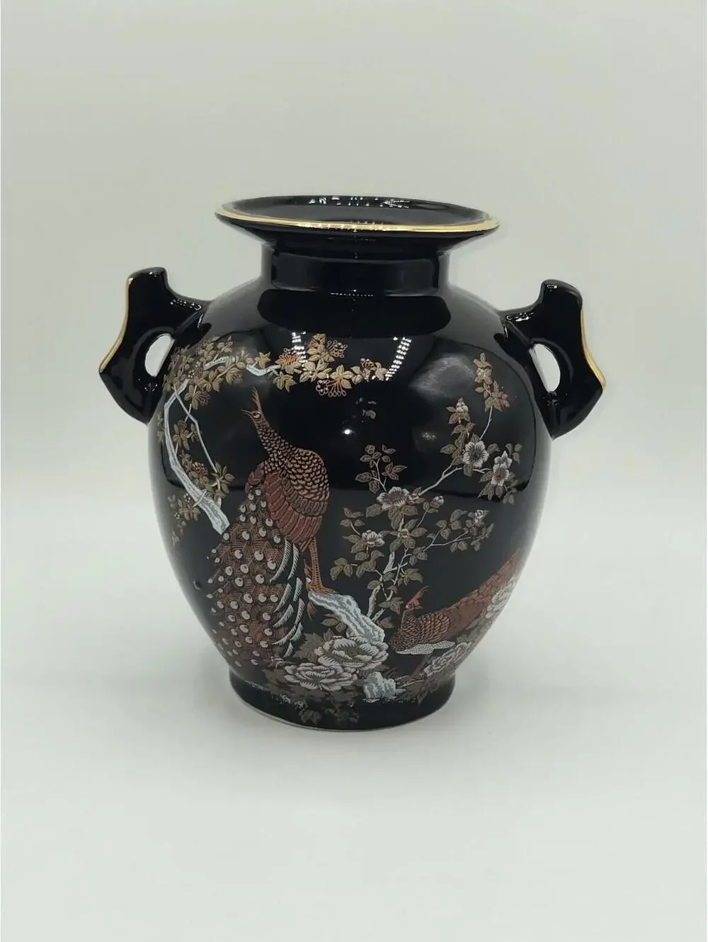 Vintage Black Ceramic Vase‎ Pheasant Bird Floral Design Gold Rim Double Handled
